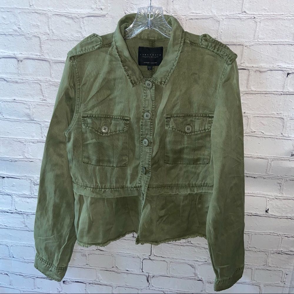 Sanctuary Military Raw Ruffle Hem Linen Jacket Olive Green Size Small